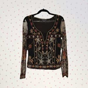 American Eagle Outfitters, S | Embroidered Double Lined Blouse Sheer Sleeves